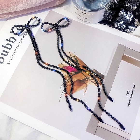 Black colored Rhinestone long Bow Earrings - Picture 2 of 16